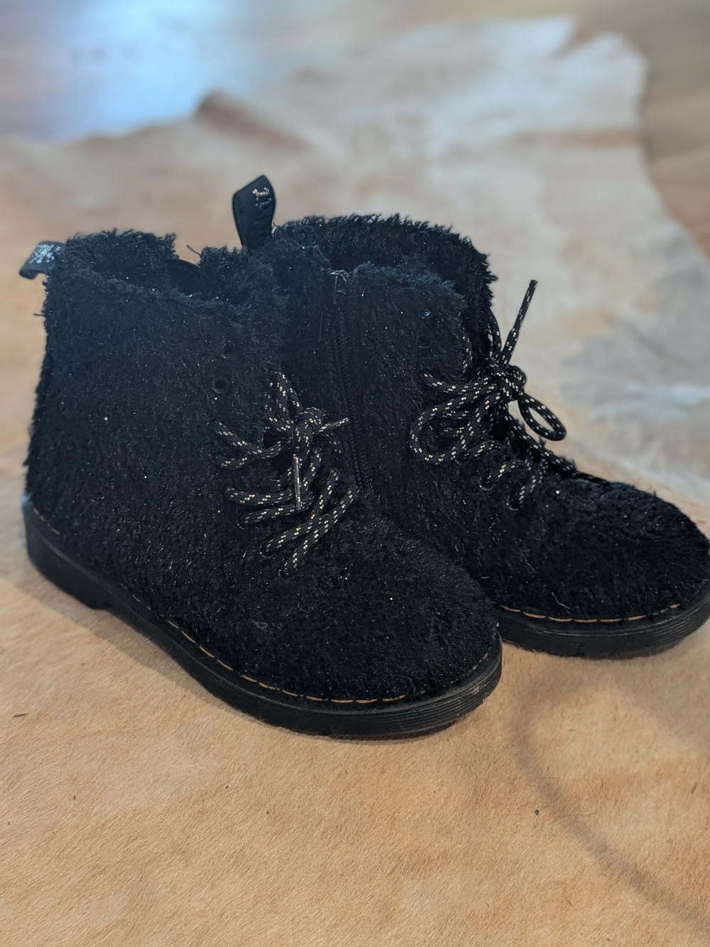 Kids Dr. Martens Black Fuzzy Lace-Up Boots